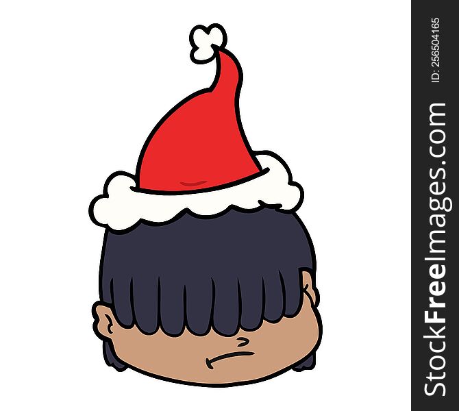 hand drawn line drawing of a face with hair over eyes wearing santa hat