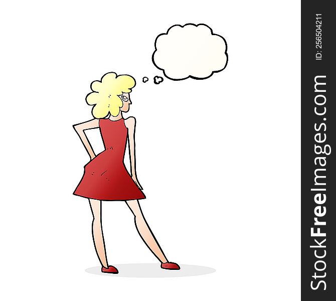 cartoon woman posing in dress with thought bubble