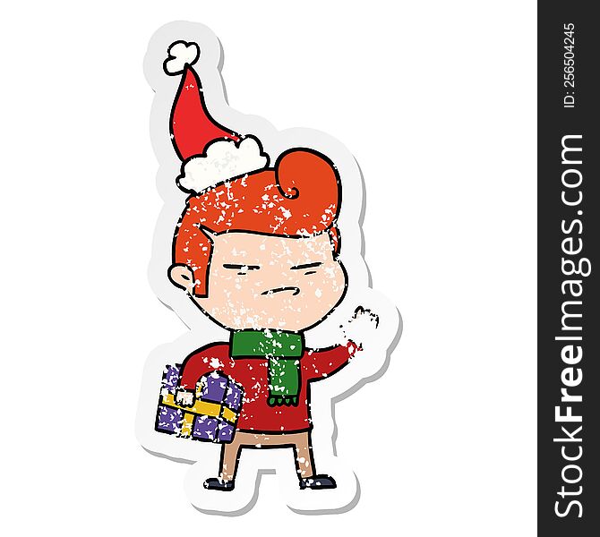 hand drawn distressed sticker cartoon of a cool guy with fashion hair cut wearing santa hat