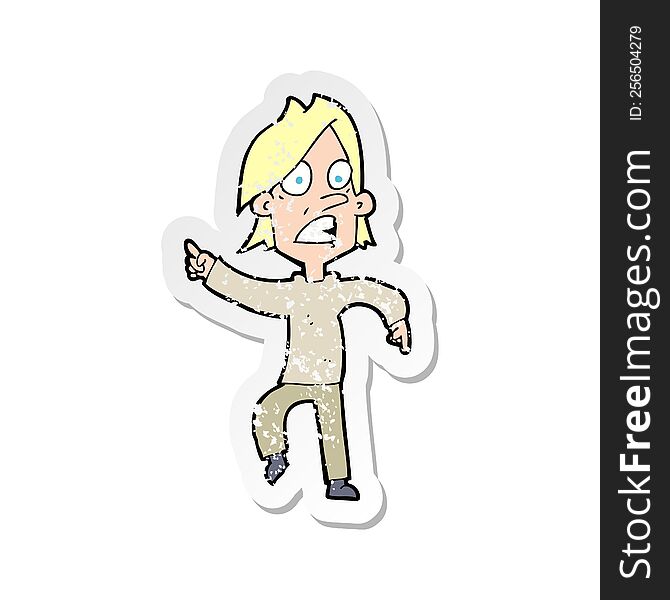 Retro Distressed Sticker Of A Cartoon Worried Man Pointing