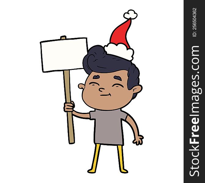Happy Line Drawing Of A Man With Sign Wearing Santa Hat