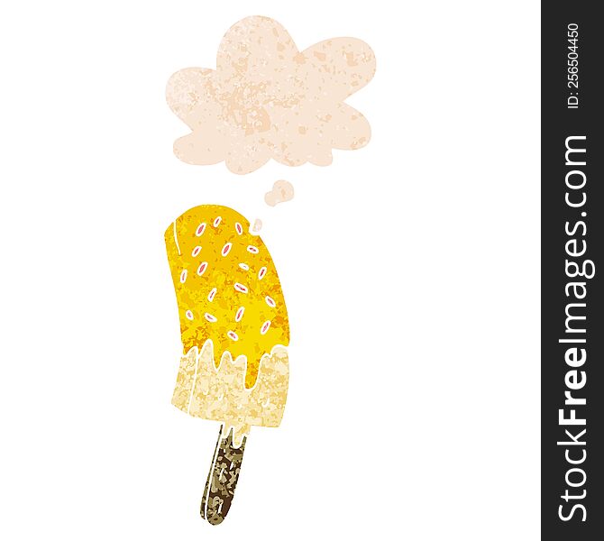 cartoon ice cream lolly with thought bubble in grunge distressed retro textured style. cartoon ice cream lolly with thought bubble in grunge distressed retro textured style
