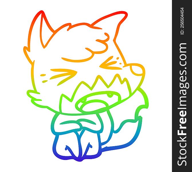 rainbow gradient line drawing of a angry cartoon fox sitting on floor