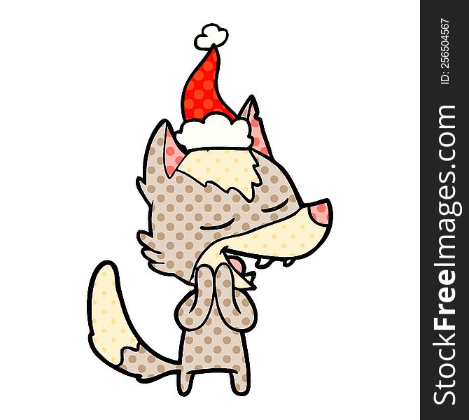 hand drawn comic book style illustration of a wolf laughing wearing santa hat