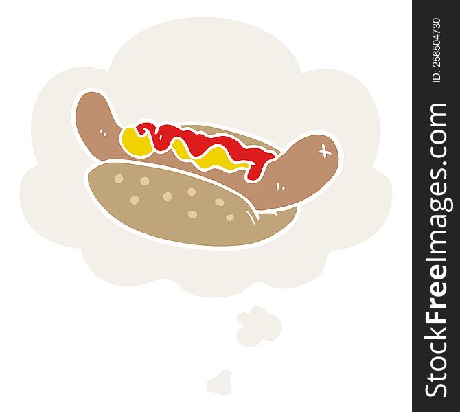 cartoon hot dog with thought bubble in retro style