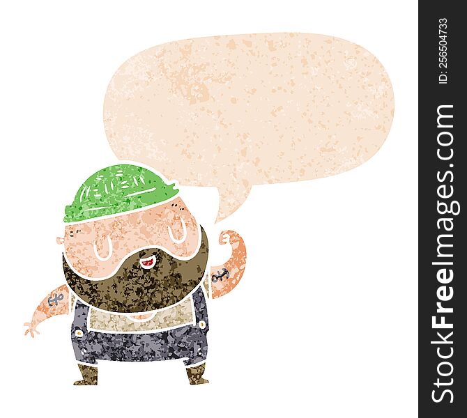 Cartoon Dock Worker And Speech Bubble In Retro Textured Style