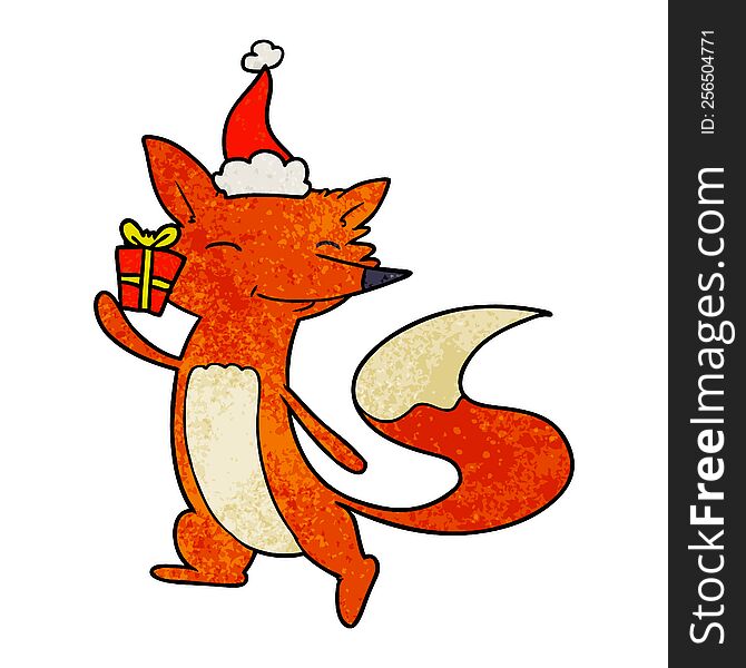 hand drawn textured cartoon of a happy fox wearing santa hat