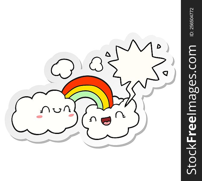 Happy Cartoon Clouds And Rainbow And Speech Bubble Sticker