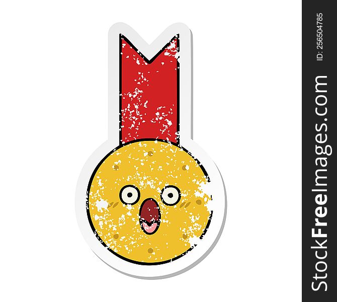 Distressed Sticker Of A Cute Cartoon Gold Medal