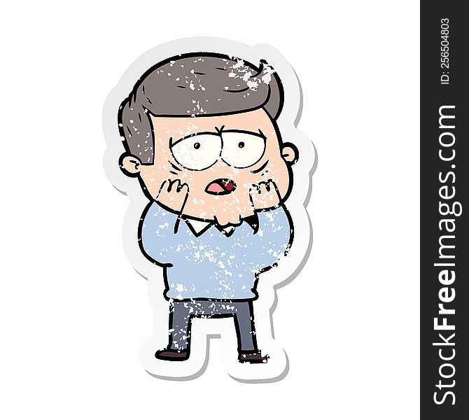 distressed sticker of a cartoon tired man
