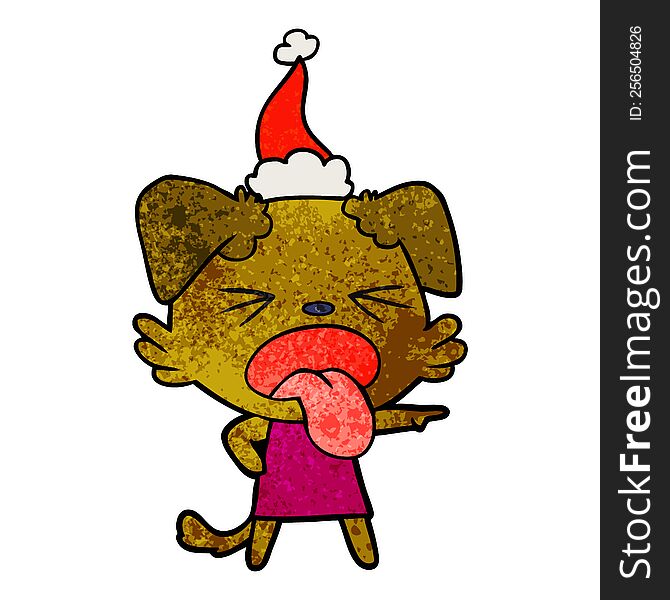 hand drawn textured cartoon of a disgusted dog wearing santa hat