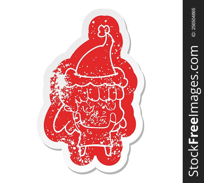 Cartoon Distressed Sticker Of A Indifferent Woman Wearing Santa Hat