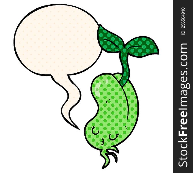 Cartoon Sprouting Bean And Speech Bubble In Comic Book Style