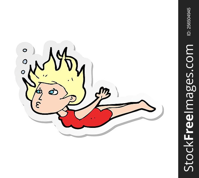 Sticker Of A Cartoon Woman Swimming Underwater