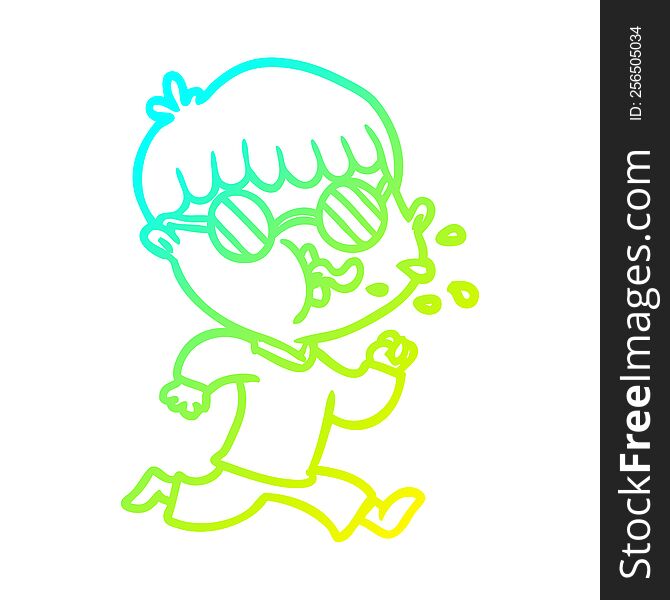 Cold Gradient Line Drawing Cartoon Boy Wearing Spectacles And Running