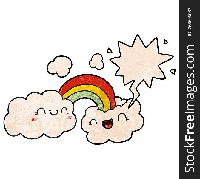 Happy Cartoon Clouds And Rainbow And Speech Bubble In Retro Texture Style