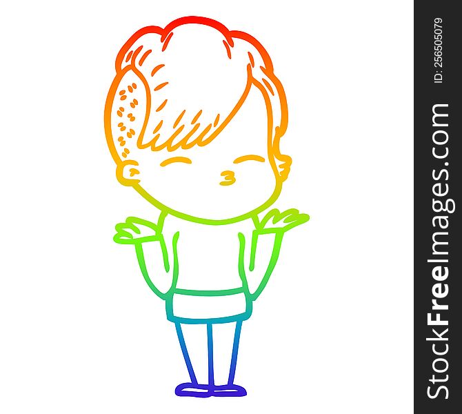 Rainbow Gradient Line Drawing Cartoon Girl Shrugging Shoulders