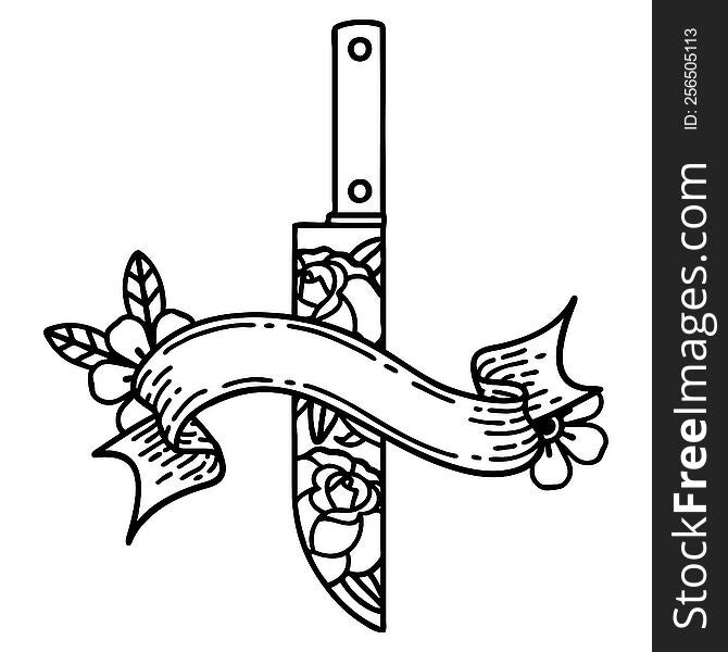 traditional black linework tattoo with banner of a dagger and flowers