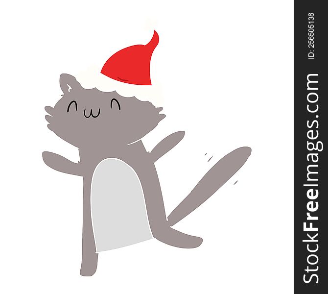 Flat Color Illustration Of A Dancing Cat Wearing Santa Hat
