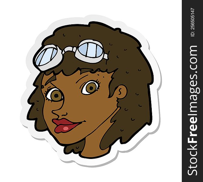 sticker of a cartoon happy woman wearing aviator goggles