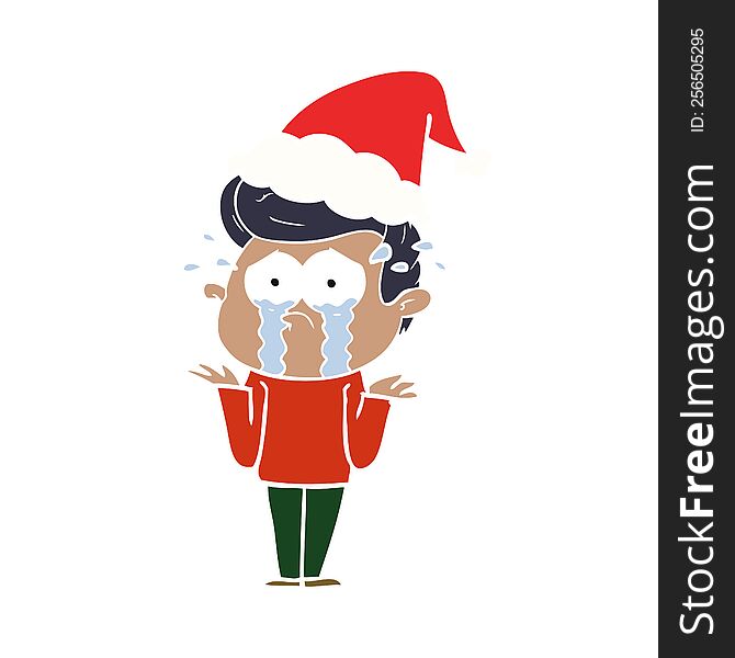 hand drawn flat color illustration of a crying man wearing santa hat
