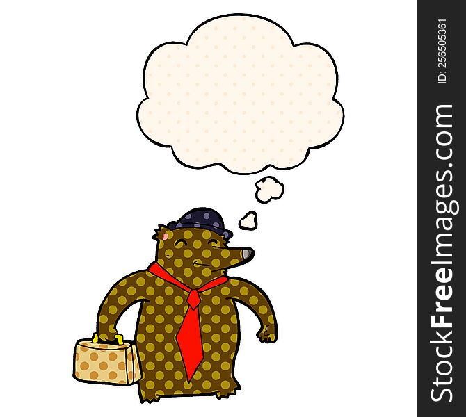 cartoon business bear with thought bubble in comic book style
