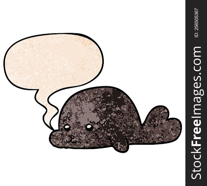 cartoon baby seal with speech bubble in retro texture style