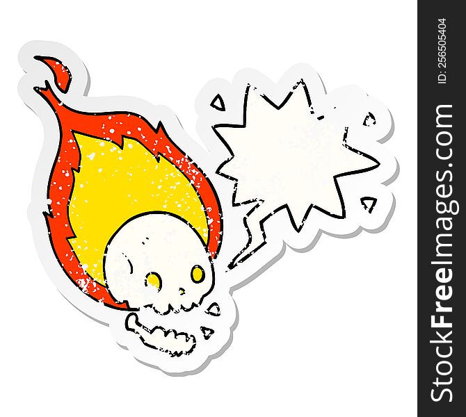 Spooky Cartoon Flaming Skull And Speech Bubble Distressed Sticker