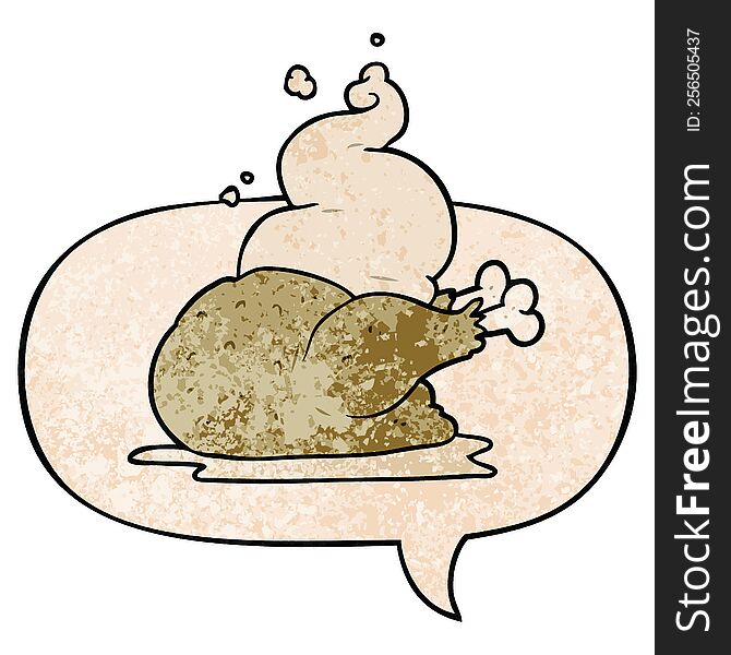 Cartoon Whole Cooked Chicken And Speech Bubble In Retro Texture Style