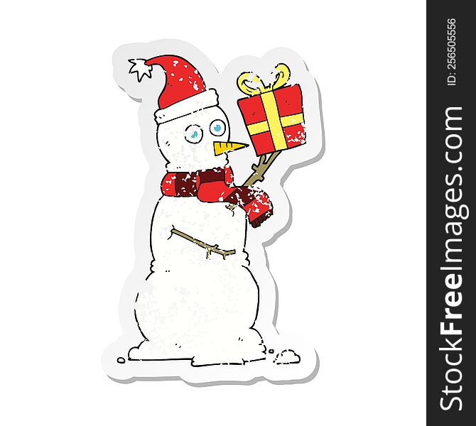 Retro Distressed Sticker Of A Cartoon Snowman Holding Present