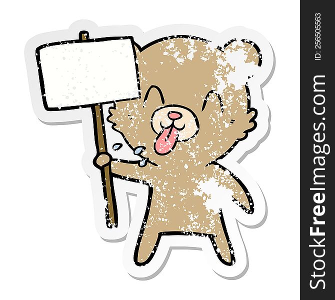 distressed sticker of a rude cartoon bear with protest sign