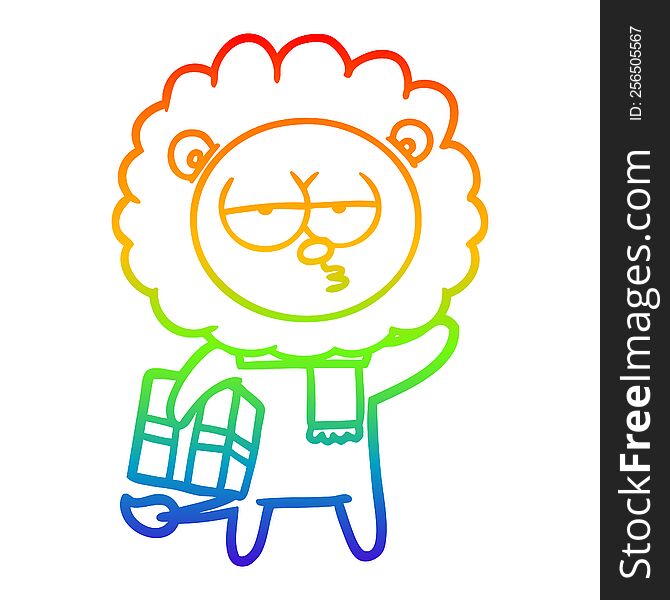 rainbow gradient line drawing of a cartoon tired lion with gift