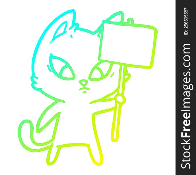 cold gradient line drawing of a confused cartoon cat with protest sign