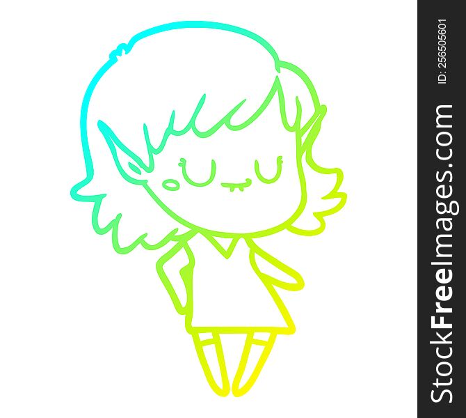cold gradient line drawing of a happy cartoon elf girl wearing dress
