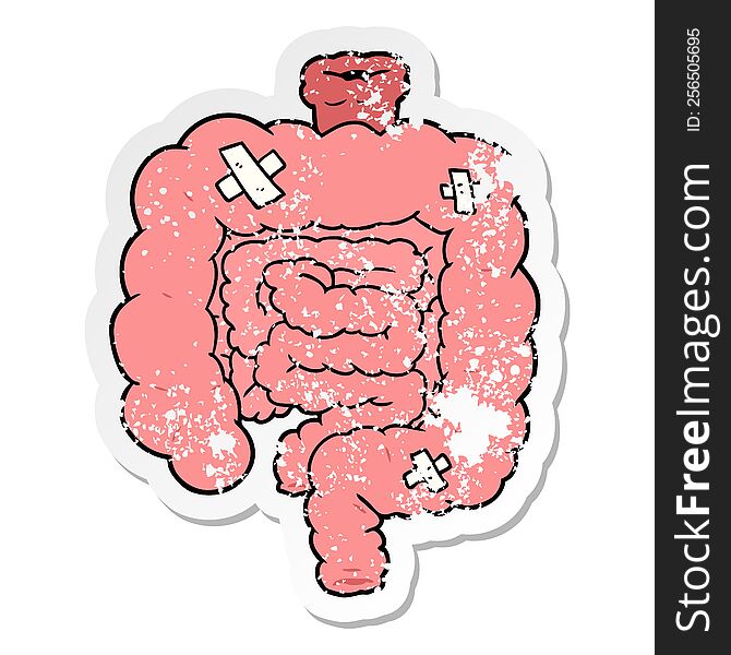 Distressed Sticker Of A Cartoon Repaired Intestines