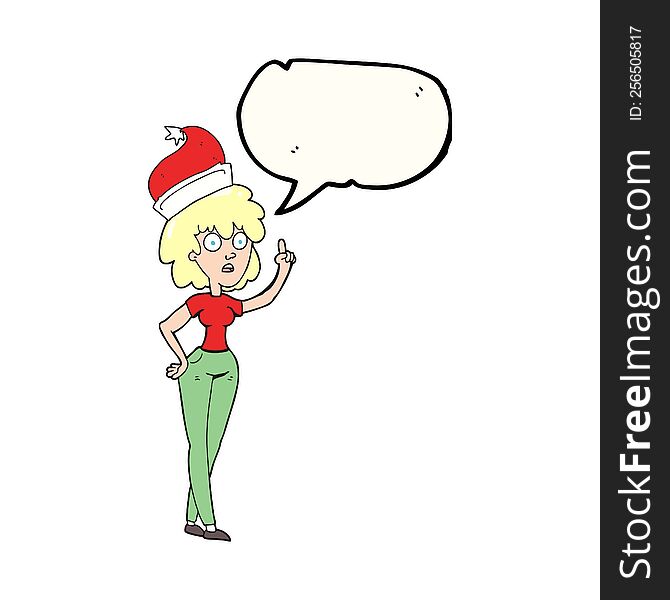 freehand drawn speech bubble cartoon woman wearing santa hat