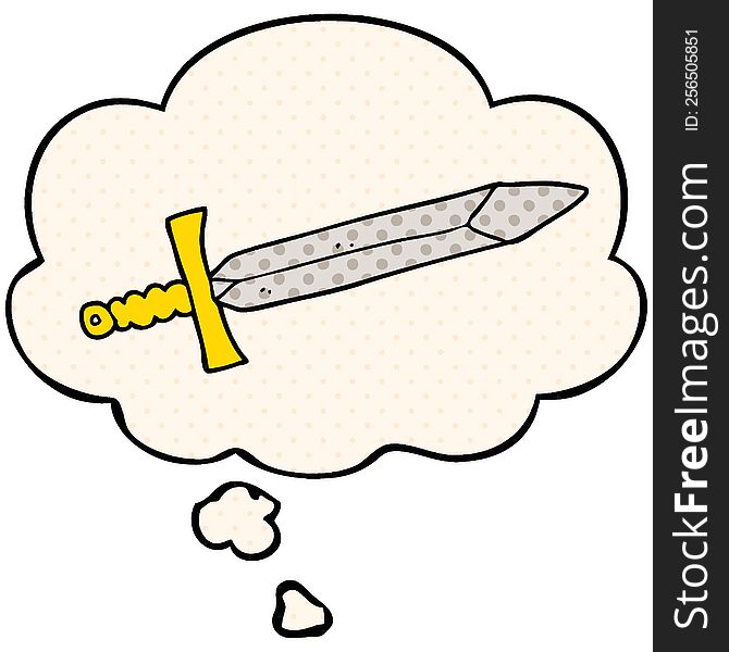 cartoon sword with thought bubble in comic book style
