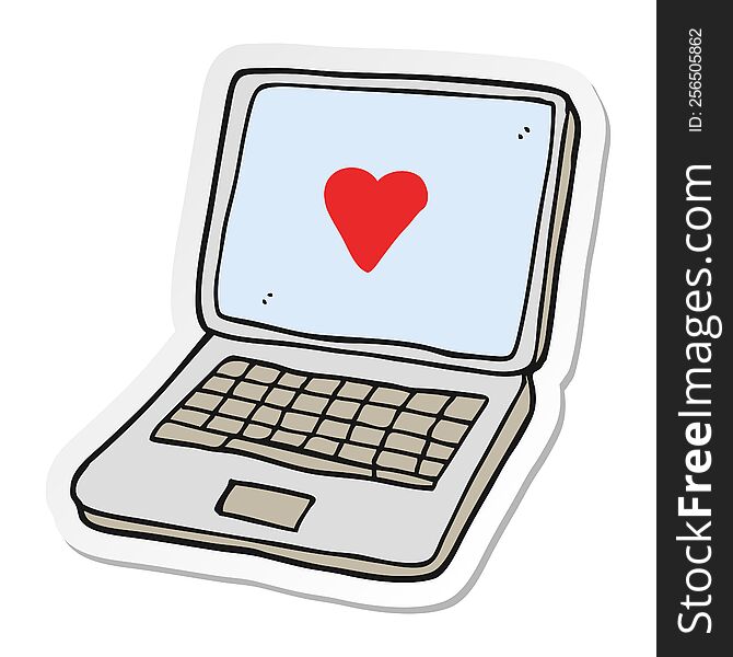 sticker of a cartoon laptop computer with heart symbol on screen