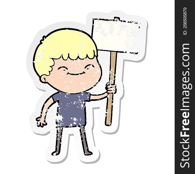 distressed sticker of a cartoon smiling boy with placard