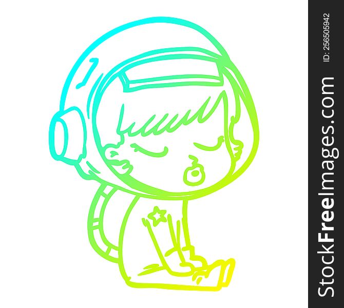 cold gradient line drawing of a cartoon pretty astronaut girl sitting waiting