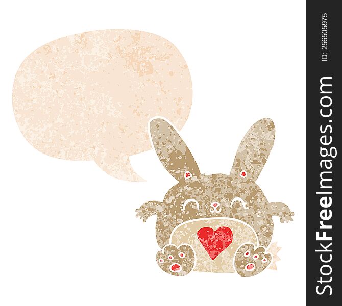 Cute Cartoon Rabbit With Love Heart And Speech Bubble In Retro Textured Style