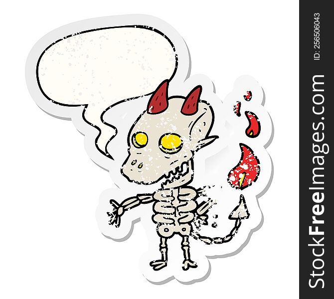 cartoon spooky skeleton demon with speech bubble distressed distressed old sticker. cartoon spooky skeleton demon with speech bubble distressed distressed old sticker