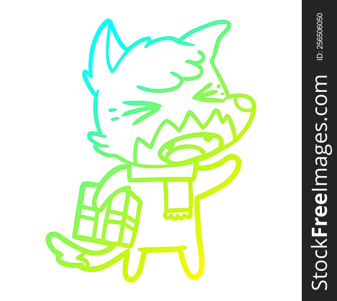 Cold Gradient Line Drawing Angry Cartoon Fox With Gift