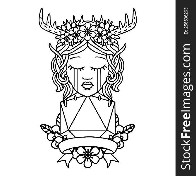 Black and White Tattoo linework Style sad elf druid character face with natural one D20 roll. Black and White Tattoo linework Style sad elf druid character face with natural one D20 roll