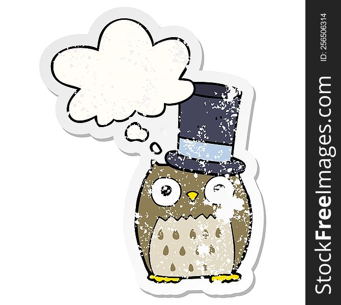 cartoon owl wearing top hat with thought bubble as a distressed worn sticker