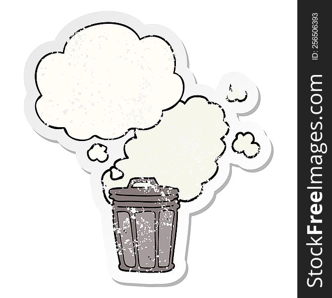 cartoon stinky garbage can with thought bubble as a distressed worn sticker