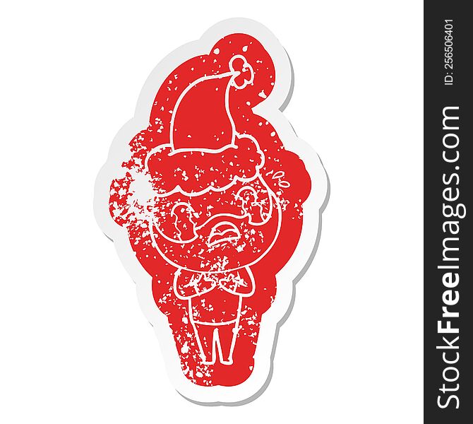 quirky cartoon distressed sticker of a bearded man crying wearing santa hat