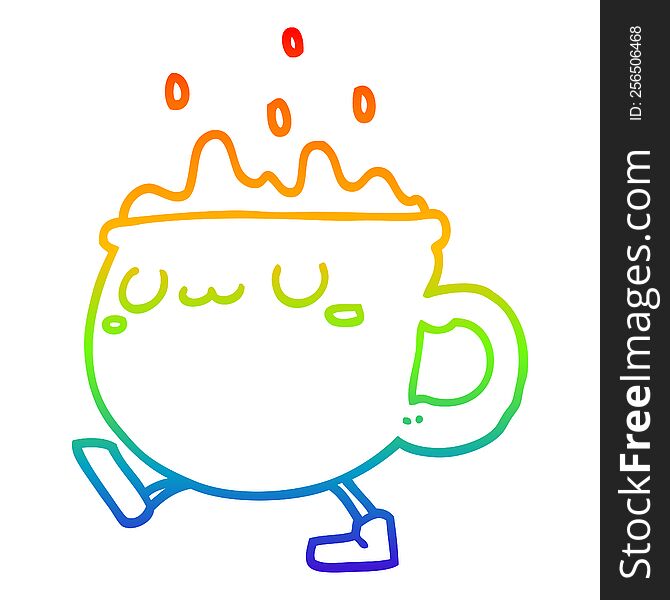 Rainbow Gradient Line Drawing Cartoon Coffee Cup Walking