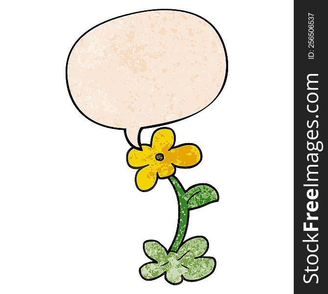 cartoon flower with speech bubble in retro texture style