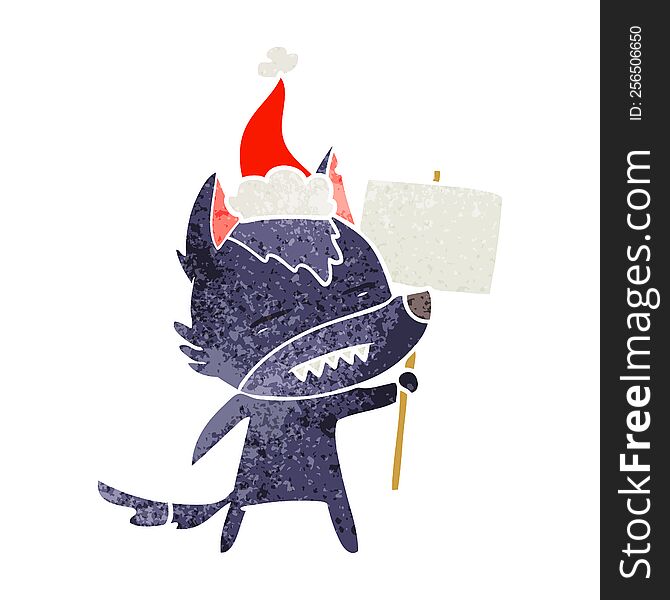 hand drawn retro cartoon of a wolf with sign post showing teeth wearing santa hat